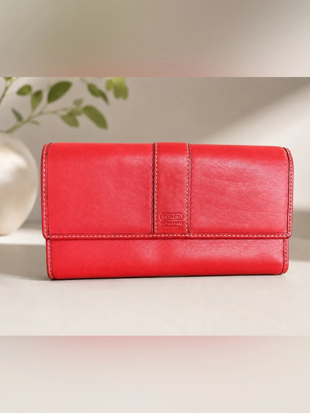 Coach Leather Continental Wallet with Center Stitch Detail in Coral